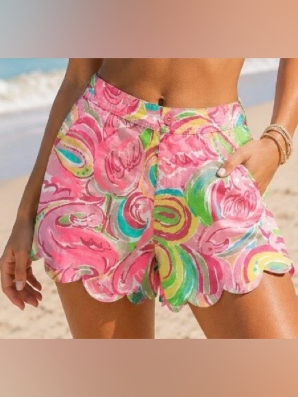 NWT Lilly Pulitzer “All Nighter” Vibrant Pink Multicolor Scallop-Hem Shorts - 8